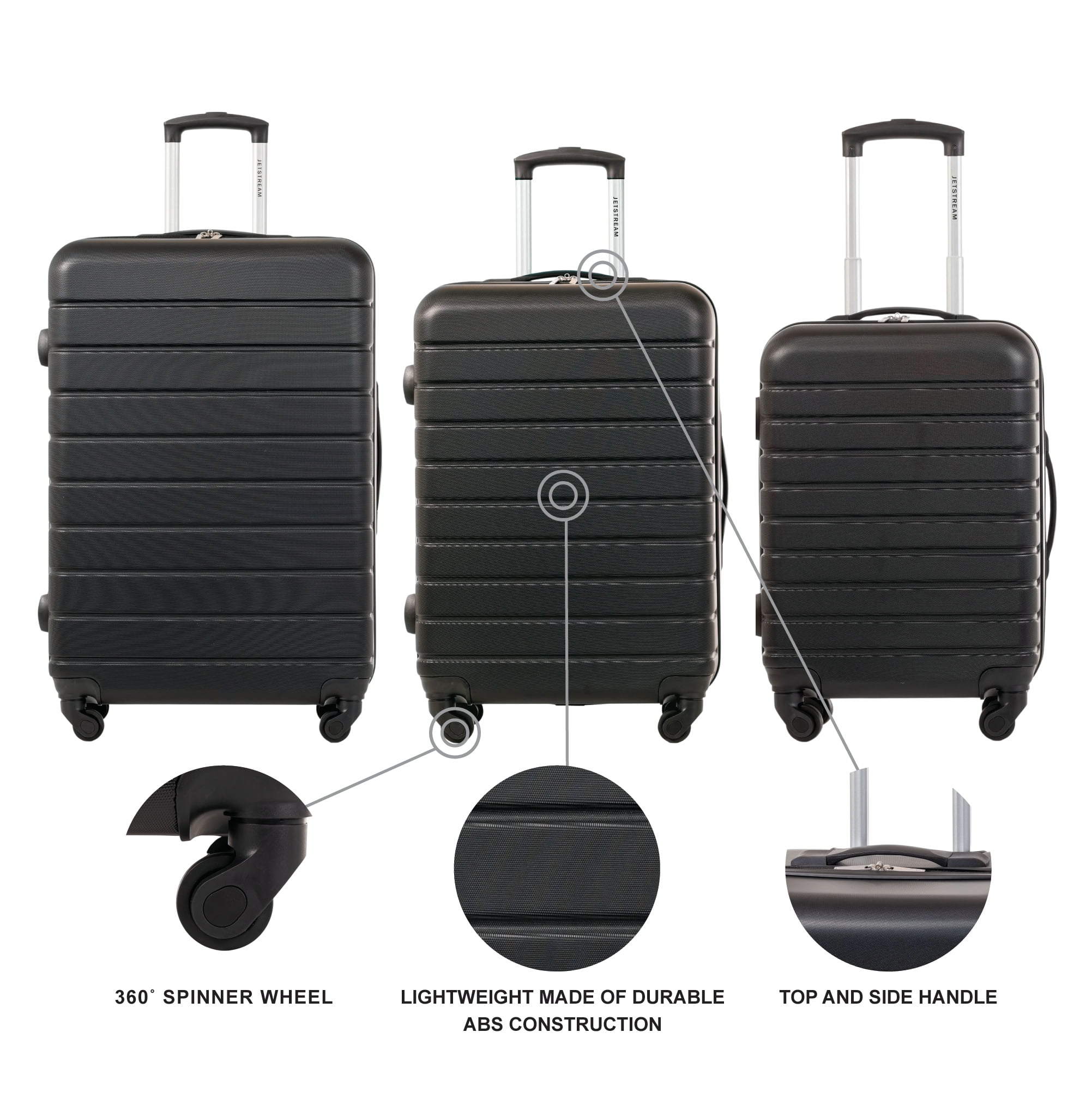Jetstream 3 Piece Set Hardside Spinner Luggage, 20" Carry On, 24" and 28" Checked Luggage Trio, Black