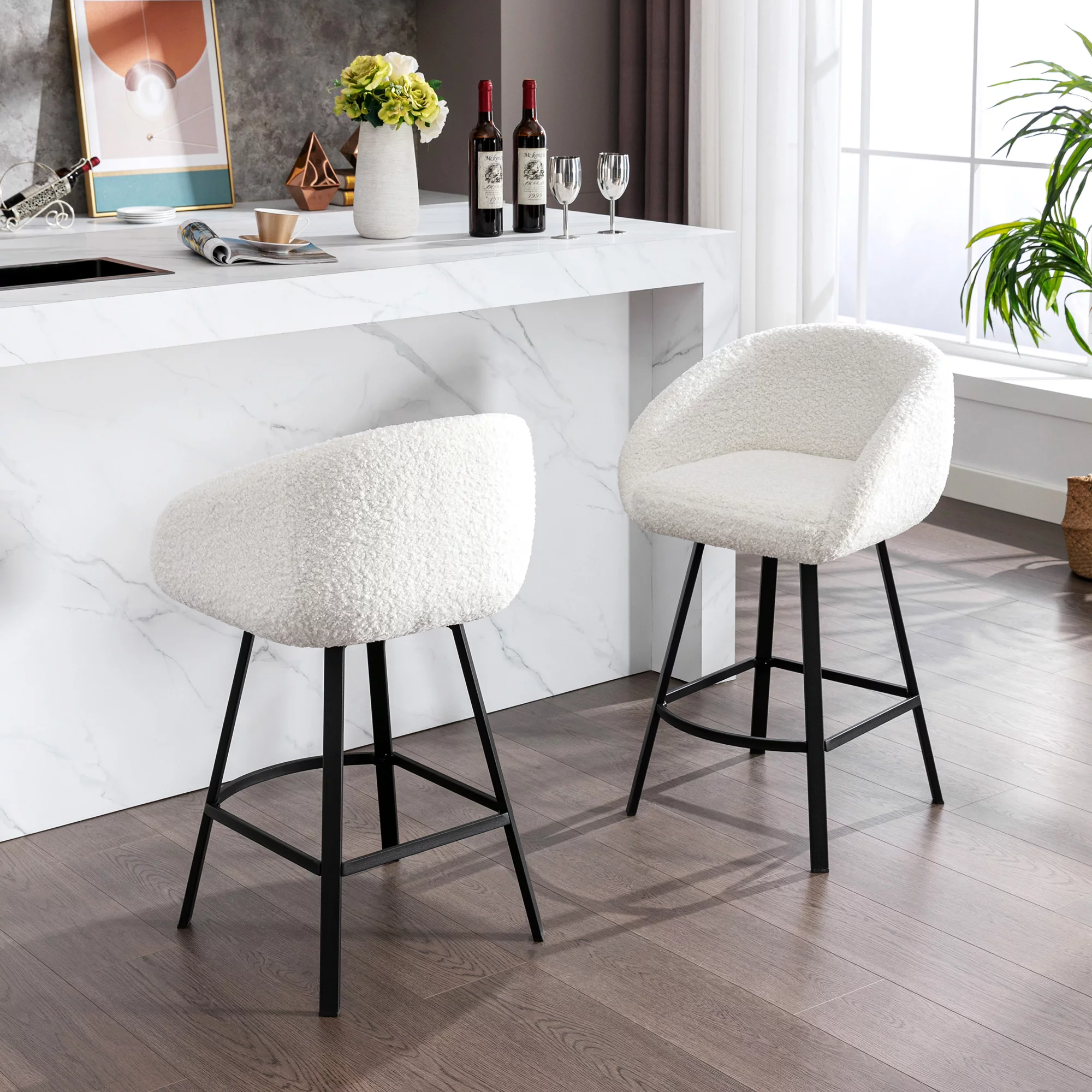 Zesthouse 25.6" Counter Height Swivel Bar Stools Set of 2, Sherpa Barrel Bar Stools with Backs, Modern Boucle Counter Stools for Pub Kitchen Island, White