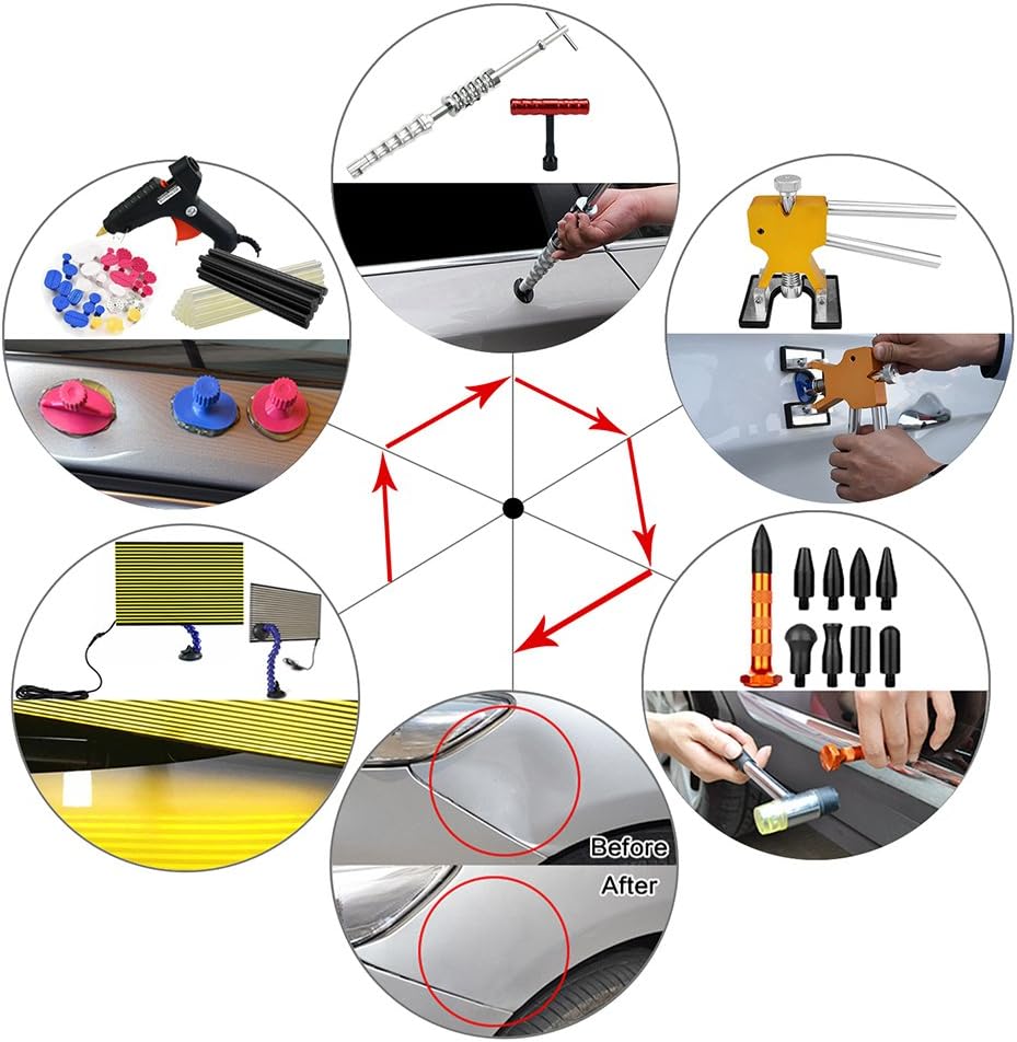Furuix Car Dent Remover Paintless Dent Repair Kit/Paintless Dent Removal Rods Dent Puller Dent Lifter Paintless Dent Repair Light Slide Hammer Dent Glue Kit