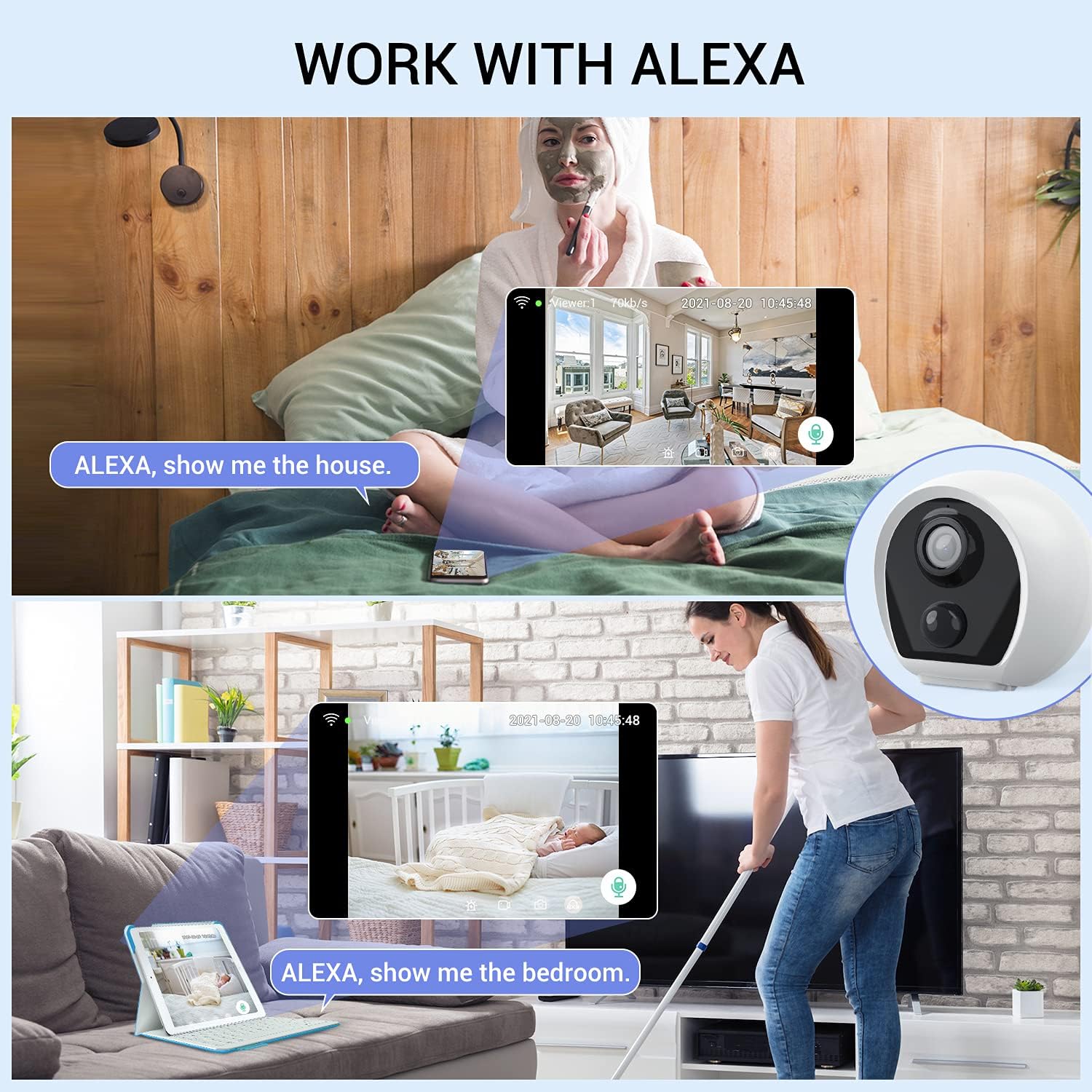 Oiiwak 1080P Home Security Wireless Surveillance Camera for Baby Pet Nanny with Night Vision PIR Motion Detection 2 Way Audio Home Cam Work with Alexa 16G TF Card Cloud Storage(2 Pack)