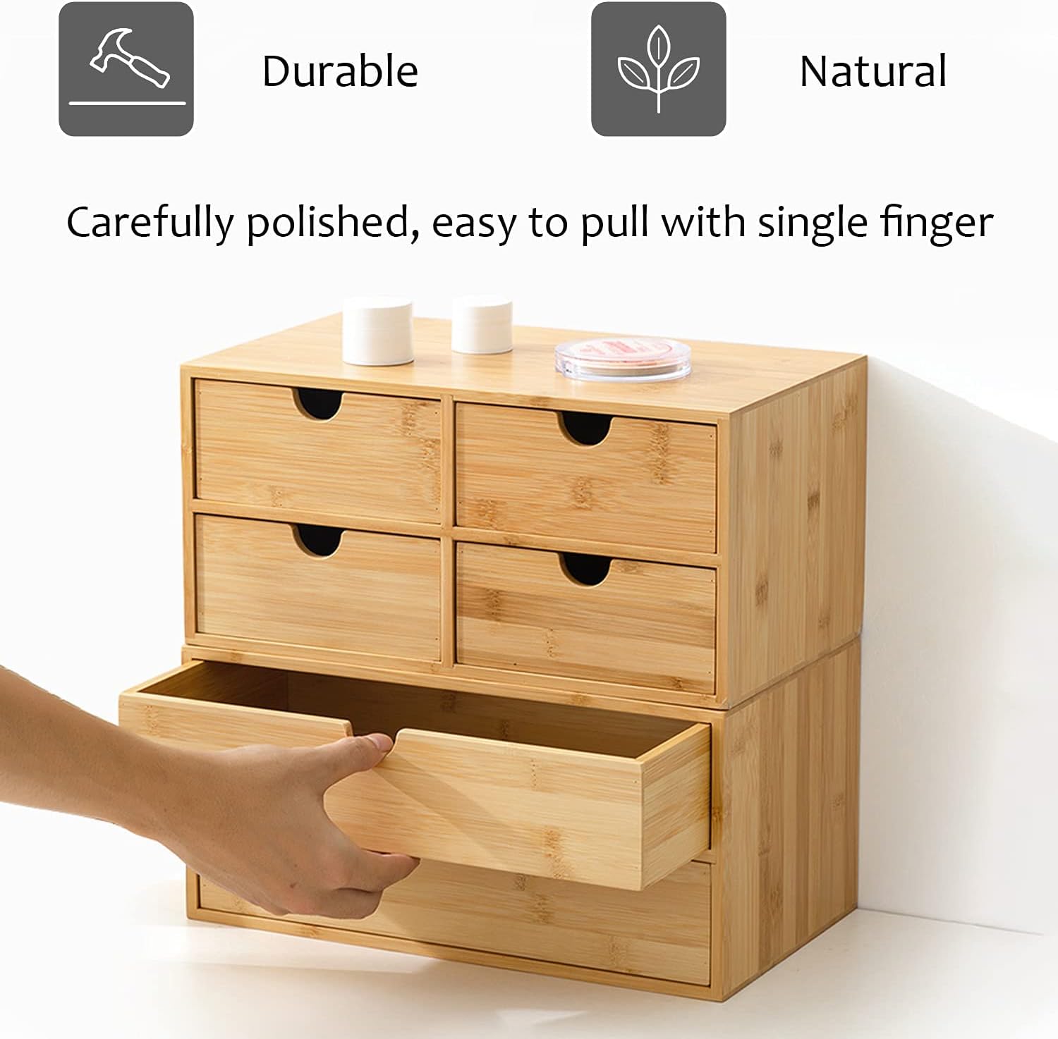 Wisdture Mini Storage Box with Drawers,Practical Office Storage Bins,Bamboo Desk Sets and Accessories Suitable for Office,Bedroom,Dressing Table,Large Desk Organizer(3 Drawer with Tall Drawer)