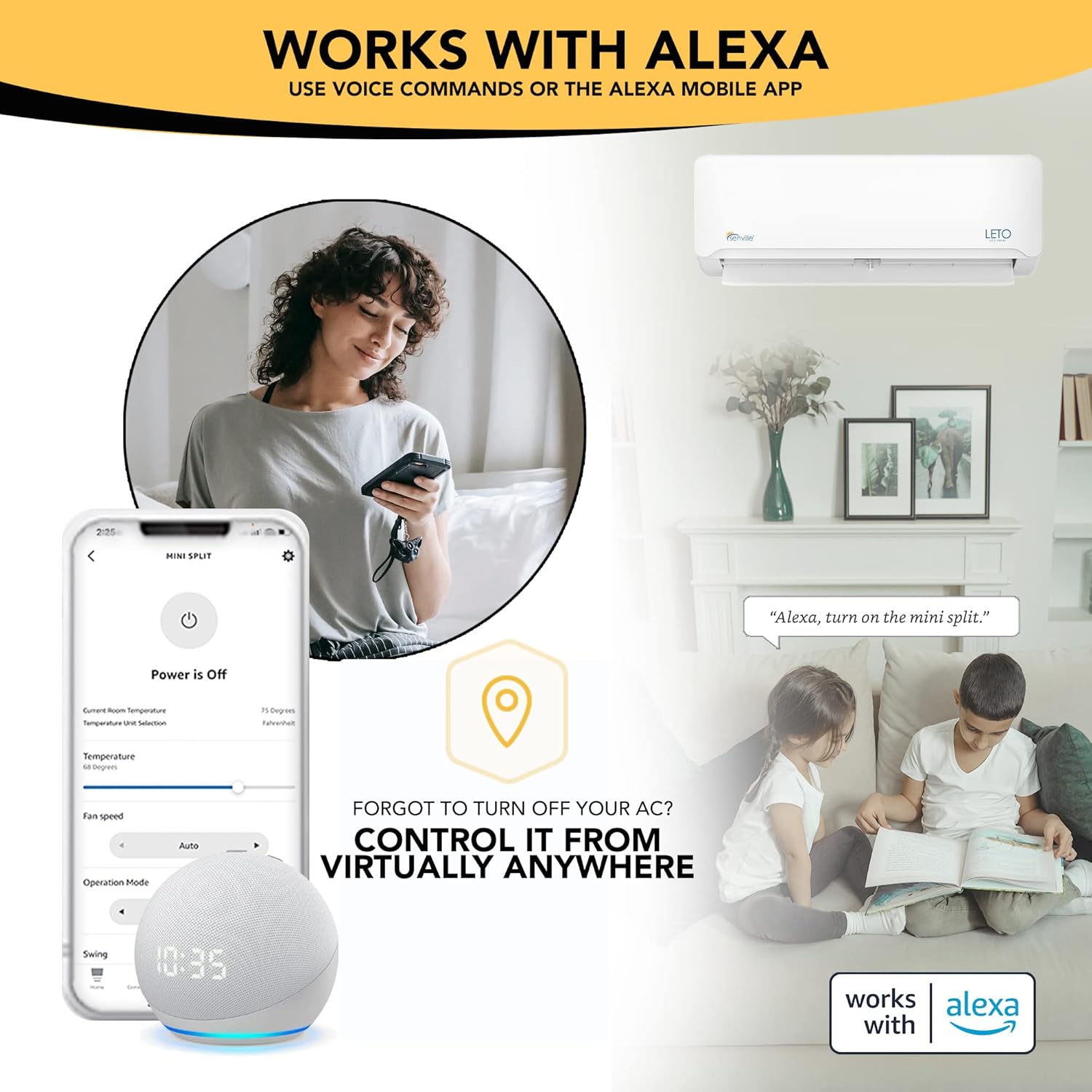 Senville LETO Series Mini Split Air Conditioner Heat Pump, 12000 BTU 208/230V, Works with Alexa, White
