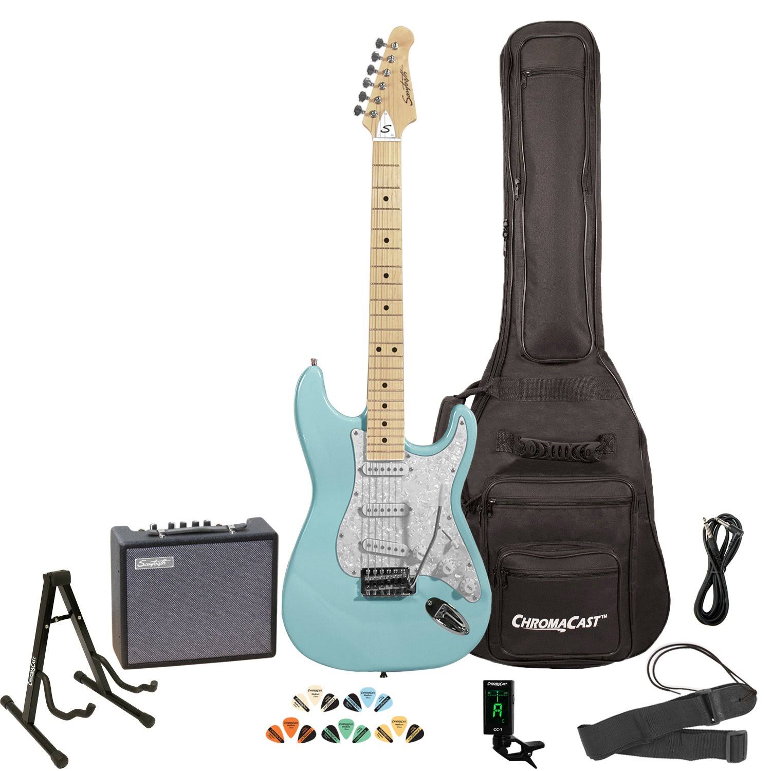 Sawtooth ST-ES-DBLP-KIT-3 Daphne Blue Electric Guitar with Pearl White Pickguard - Includes Accessories, Amp, Gig Bag and Online Lesson - Megean