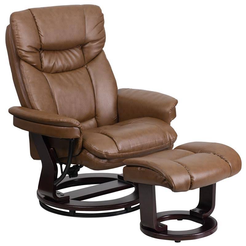 Ergode Contemporary Palimino Leather Recliner and Ottoman with Swiveling Mahogany Wood Base