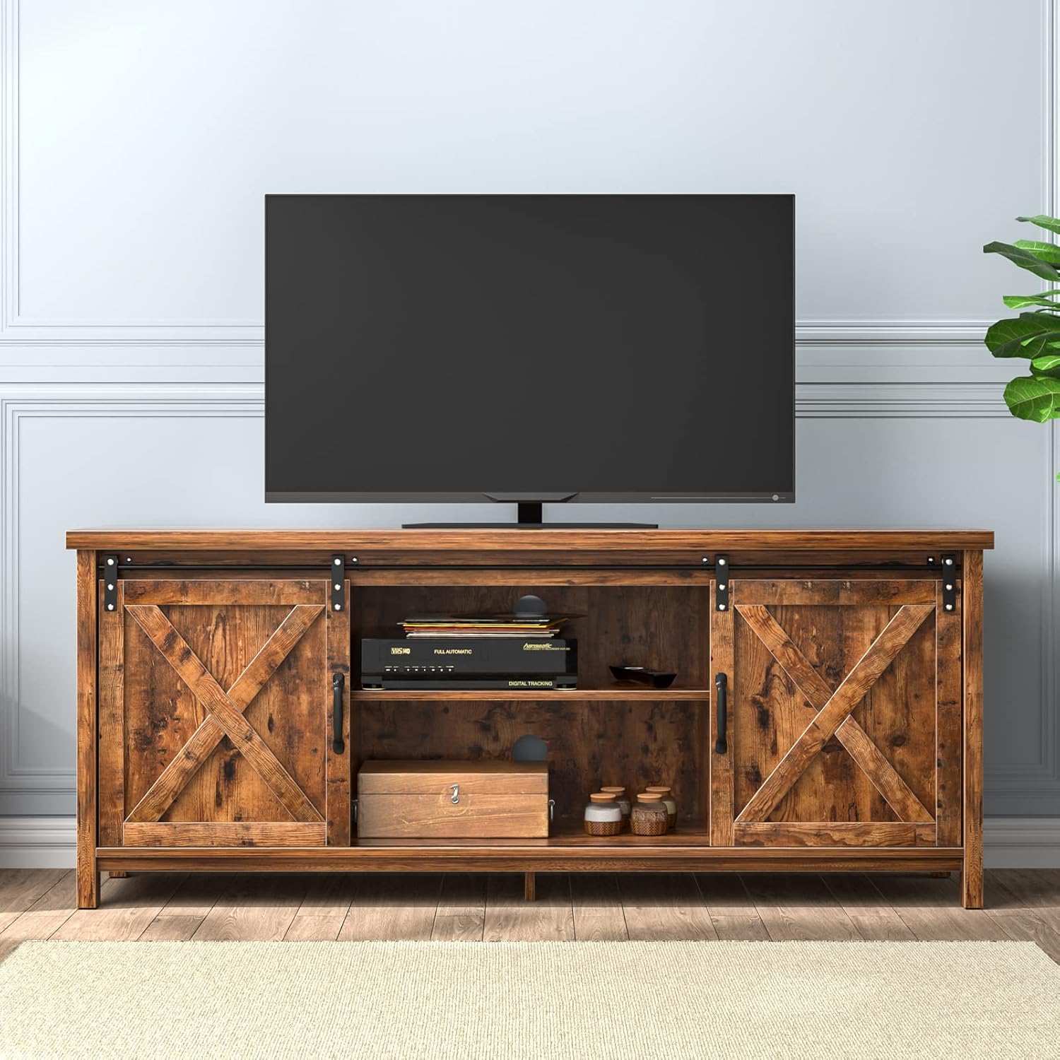 AUXSOUL Farmhouse TV Stand for 65 Inch Flat Screen - Wooden Entertainment Center with 2 Sliding Barn Doors - Storage Cabinet TV Console for Living Room (Brown)