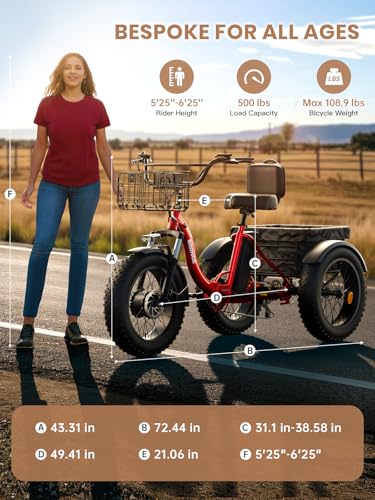 Electric Trike for Adults 960W Peak, 36V 15AH Battery Ebike 50 Miles Range with Large Rear Basket, Electric Trike 20" Fat Tire, Max 25MPH 3 Wheel Folding Electric Tricycle for Adults(Lava)