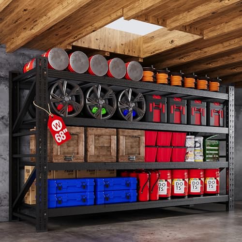 71” W Storage Shelves Heavy Duty, 5000LBS Metal Garage Shelving Units, 4 Tier Storage rack shelf, Steel Industrial Shelving , Adjustable Standing Shelf for Basement/Warehouse 71"W x 24"D x 70"H, Black