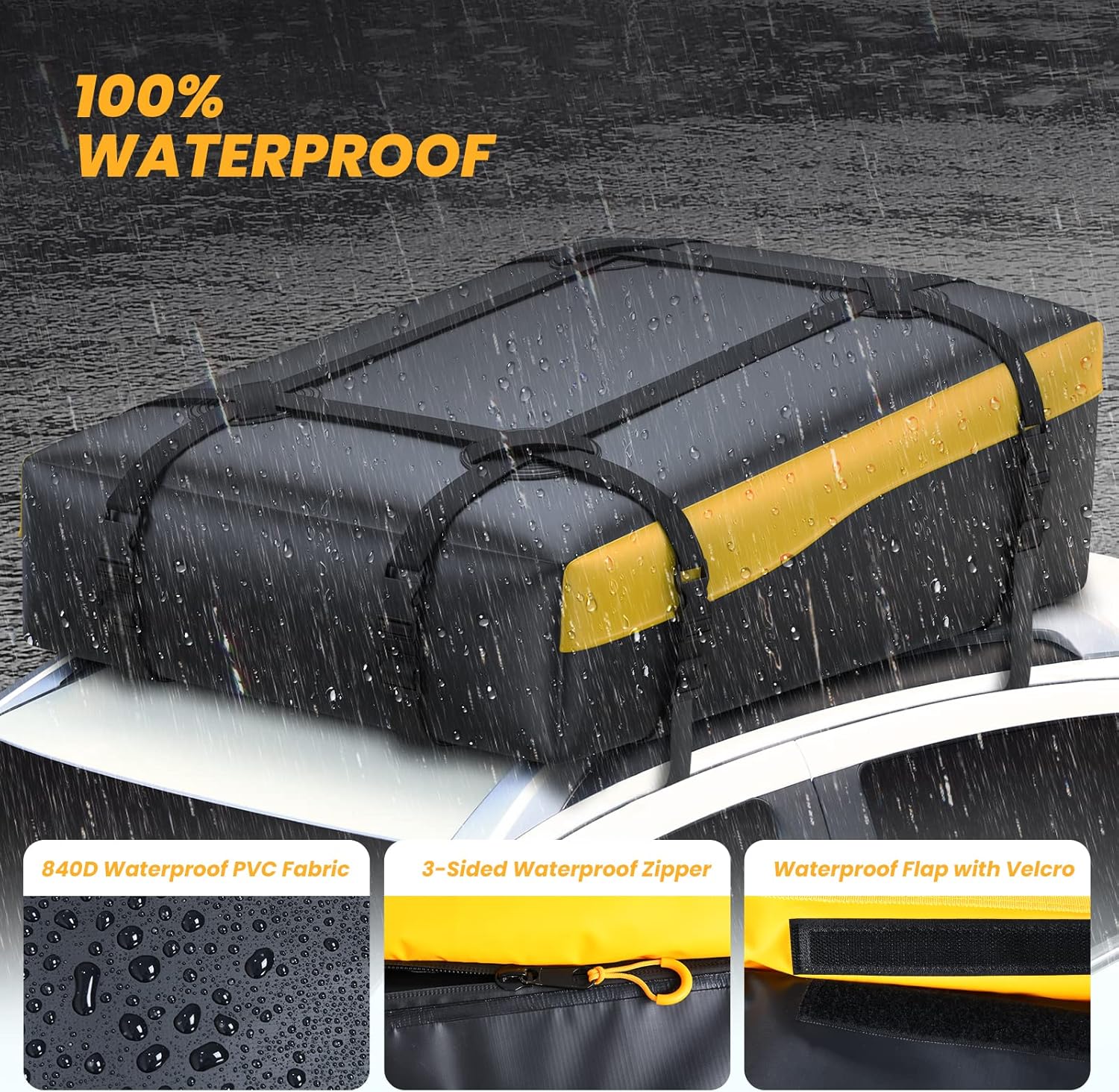Vanku Car Rooftop Cargo Carrier, 16 Cubic Ft Waterproof 840D PVC Car Roof Cargo Bag for All Vehicles with/Without Rack Including Non-Slip Mat Reinforced Long Straps