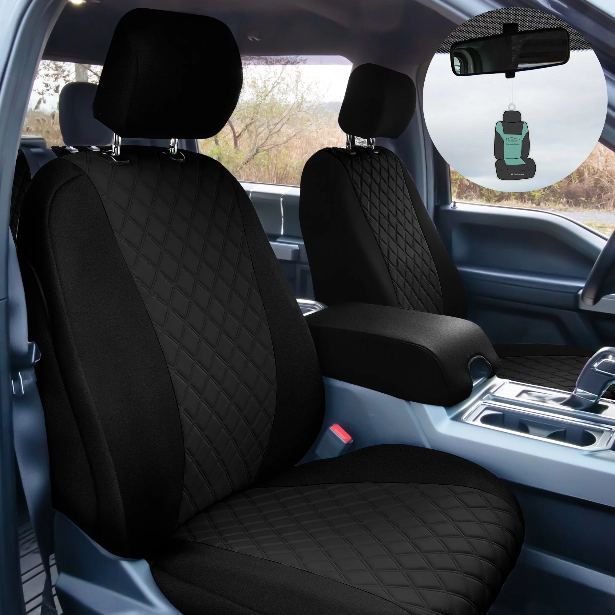 FH Group Custom Fit Neoprene Car Seat Cover for 2021-2023 ford F-150, F-250, F-350, F-450, Black Full Set Seat Covers with Air Freshener - Curated Treasures Market