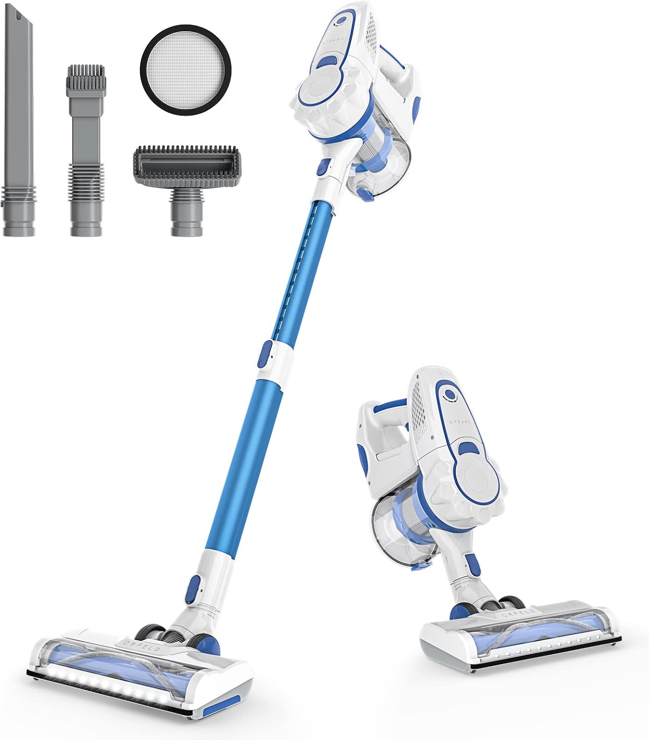 ORFELD Cordless Vacuum Cleaner, 8-in-1 Rechargeable Cordless Vacuum, 30 Mins Runtime Stick Vacuum, with 1.4L Dust Bin and 11 LED Headlights, for Home Hardwood Floor Carpet Pet Hair
