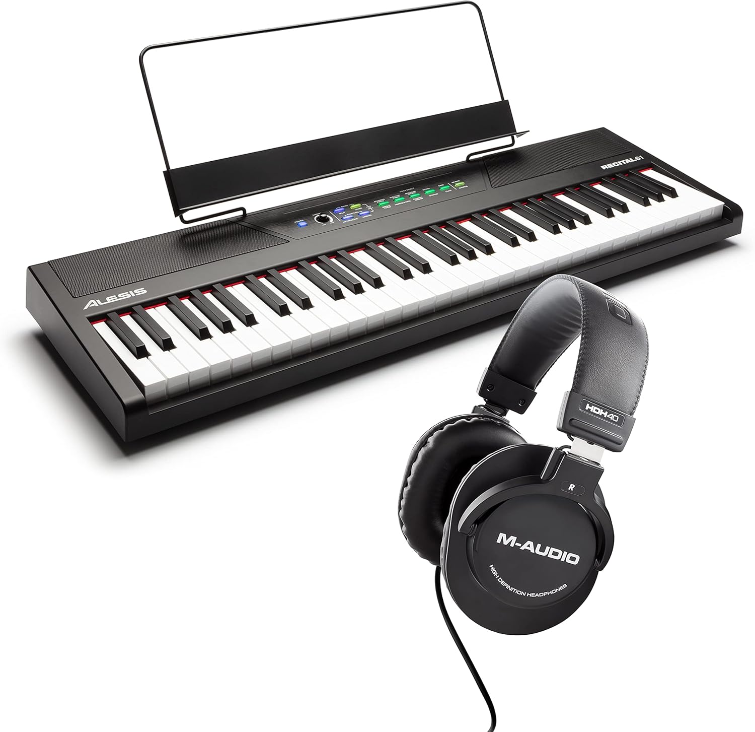 Alesis Recital 61 – 61 Key Digital Piano Keyboard with Semi Weighted Keys, 10 Voices, Piano Lessons, M-Audio Sustain Pedal and HDH40 Piano Headphones