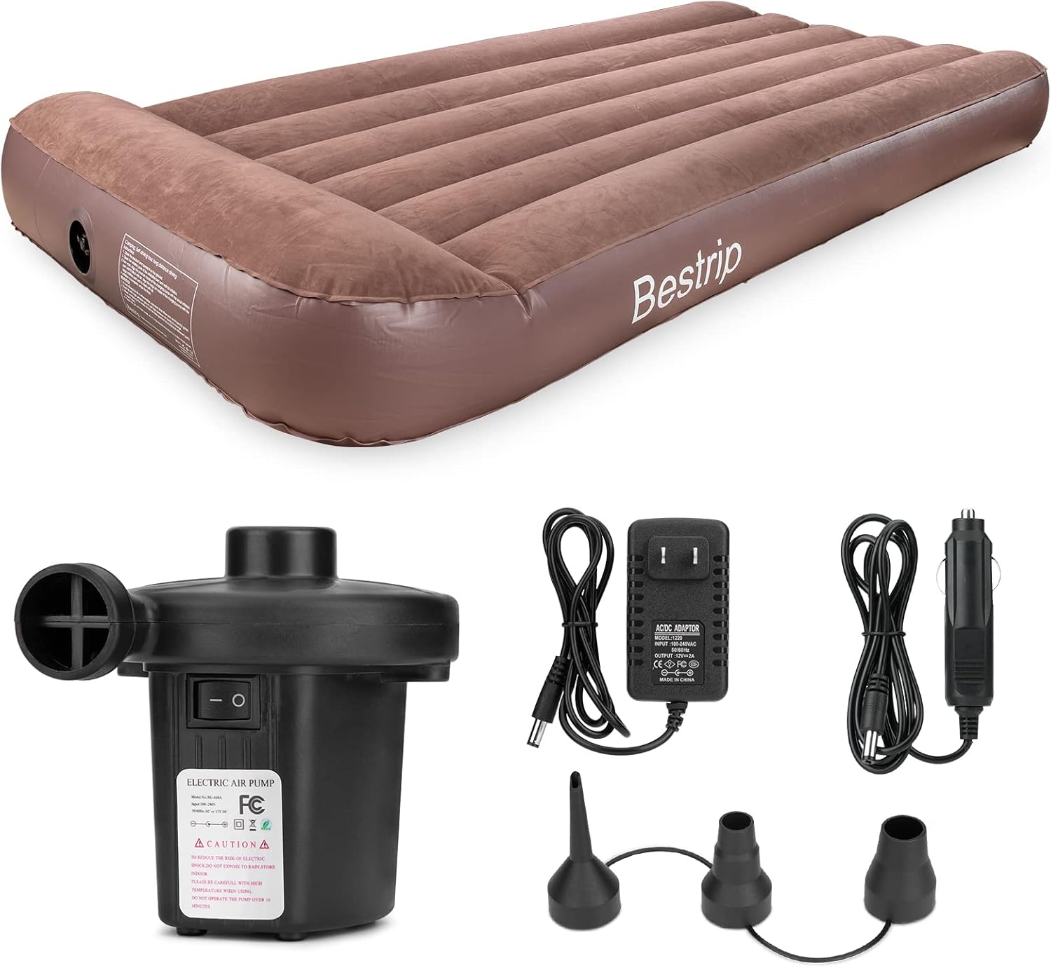 Bestrip Air Mattress Twin Size Inflatable Bed with Electric Air Pump Single Camping Blow Up Mattress, Camping Accessories (Brown)