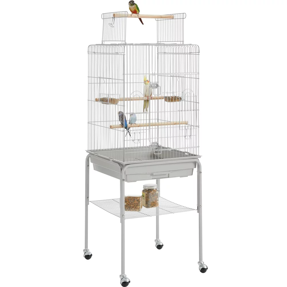 Alden Design 53.5" Metal Rolling Bird Cage with Play Top Stand, Light Gray - Curated Treasures Market