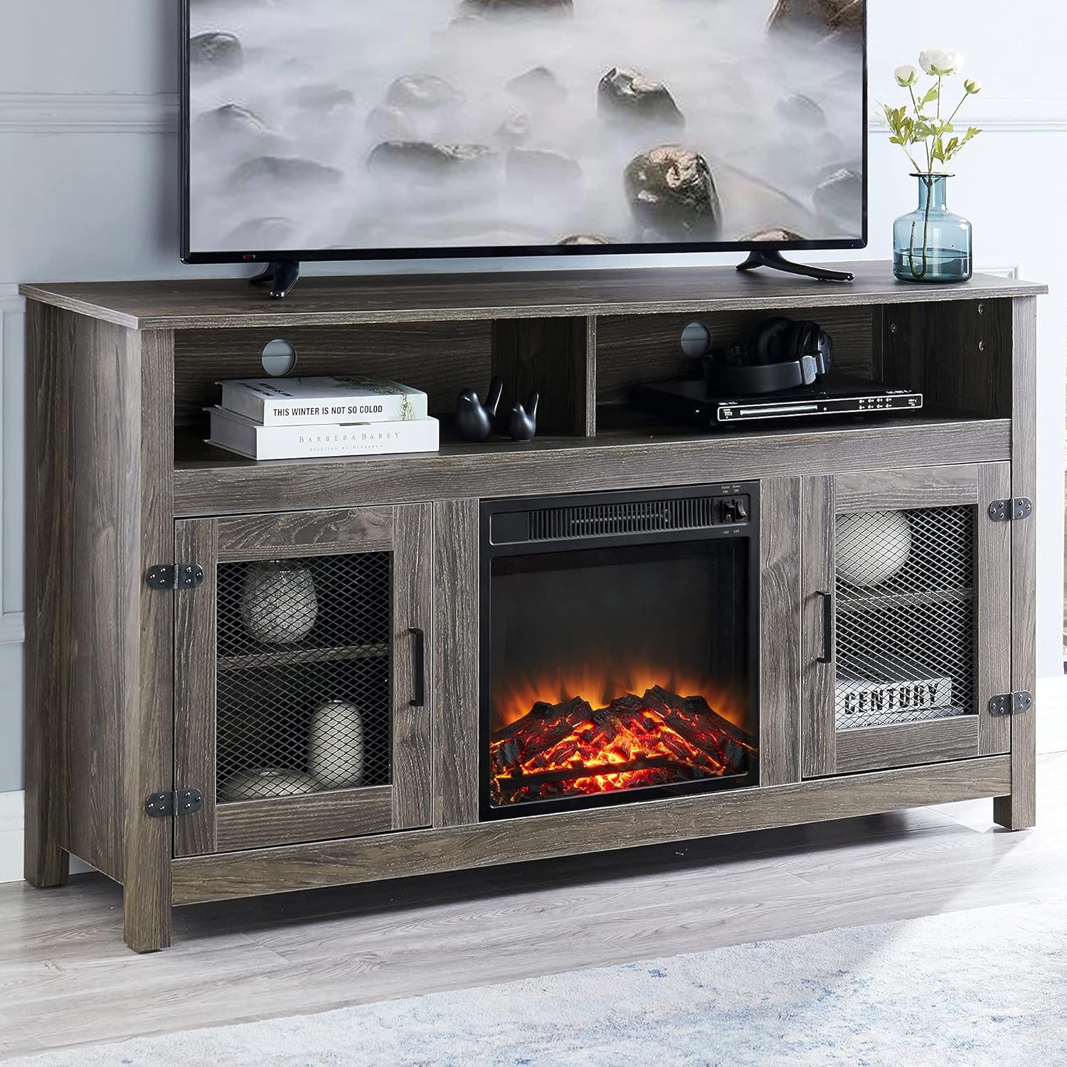 GOOD & GRACIOUS Modern Tall Farmhouse TV Stand with Electric Fireplace, Fit up to 65 Flat Screen TV with Storage Cabinet and Adjustable Shelves Industrial Entertainment Center for Living Room, Grey