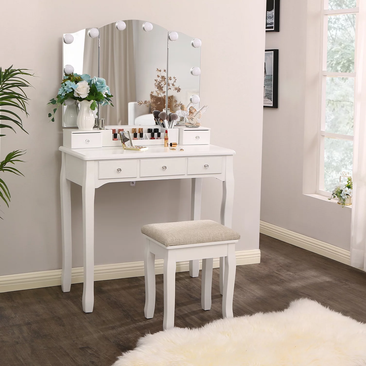 BEWISHOME Vanity Set with Lighted Mirror, Makeup Vanity with Tri-Folding Mirror 10 LED Bulbs, White Vanity Desk Vanity Table with 5 Drawers 2 DIY Dividers, Cushioned Stool, Movable Organizer FST09W