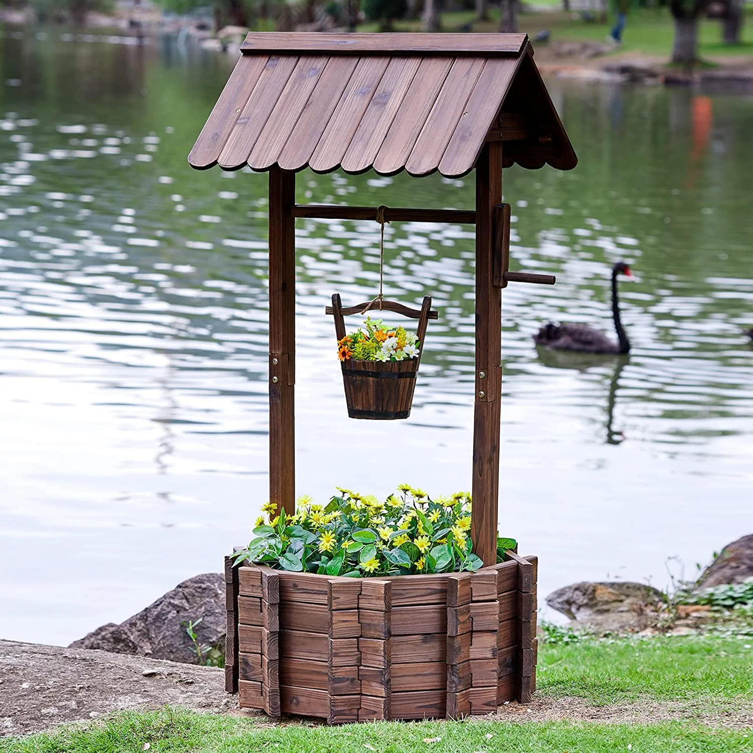 AMERLIFE Wooden Wishing Well - Height Adjustable Hanging Bucket, Planter with 4 Reinforced Rod