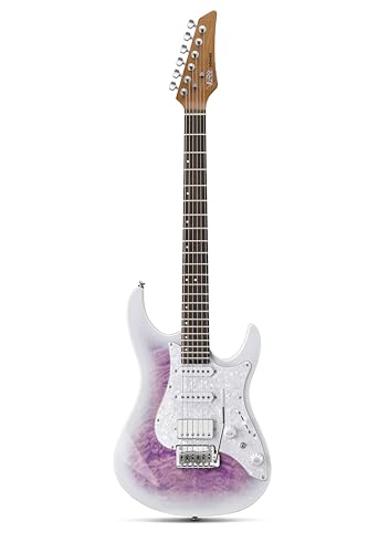 Donner 39 Inch Electric Guitar, DST-550 Color Gradient Poplar Body, Laurel Fretboard & Maple Veneer, 7 Tone Options, Tremolo Bridge, for Intermediate & Pro Players, Bonus Bag – Amethyst white burst
