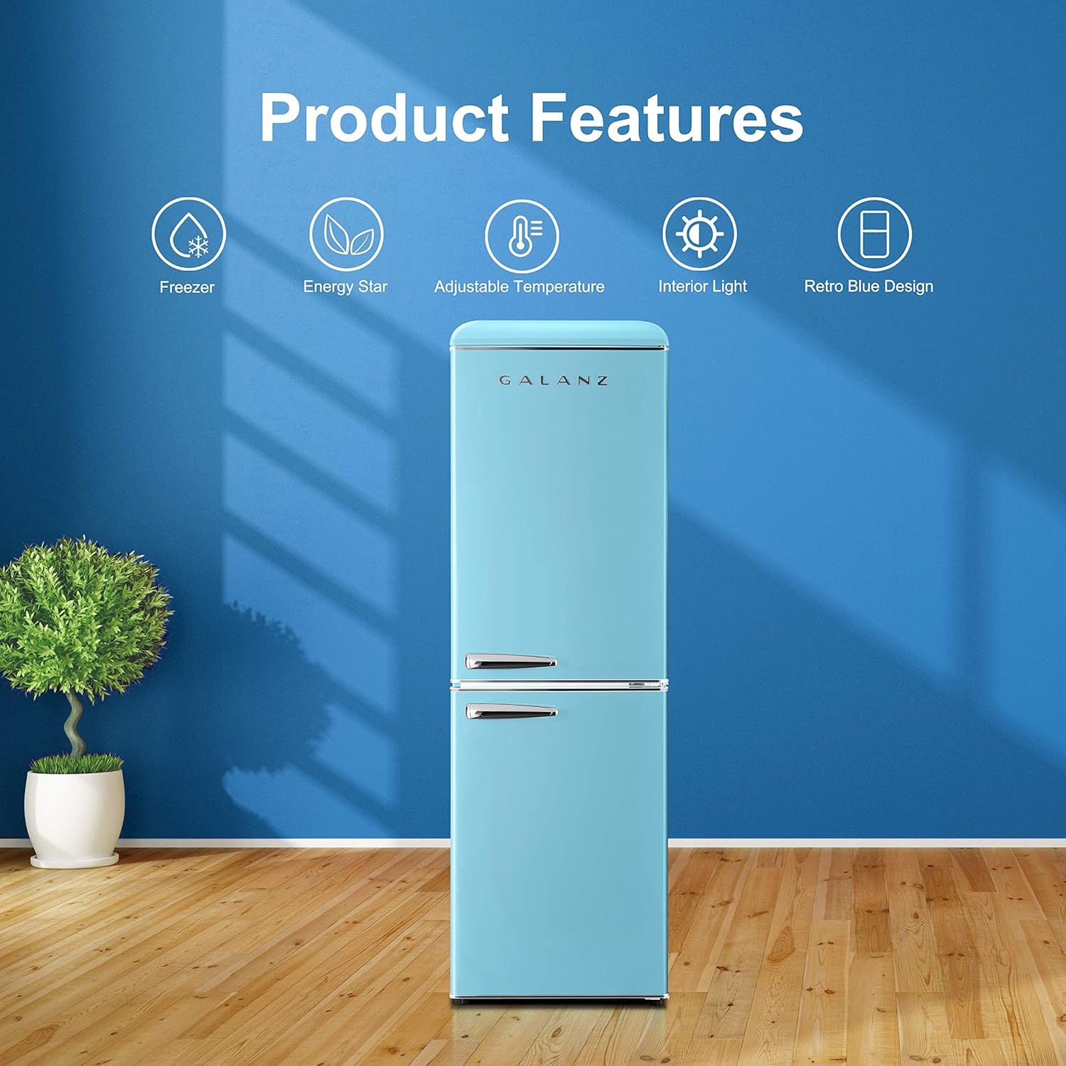 Galanz GLR74BBER12 Retro Bottom Mount Refrigerator, Adjustable Mechanical Thermostat with True Freezer, Blue, 7.4 Cu Ft