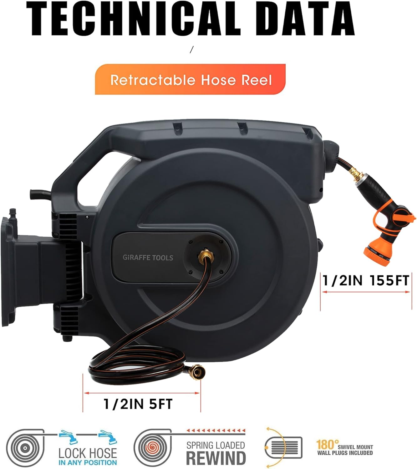 Giraffe Retractable Garden Hose Reel 1/2" x 155+5 ft, Heavy Duty Wall Mounted Water Hose Reel with Automatic Rewind, 180° Swivel Bracket, Slow Retraction Technik, 9 Pattern Nozzle