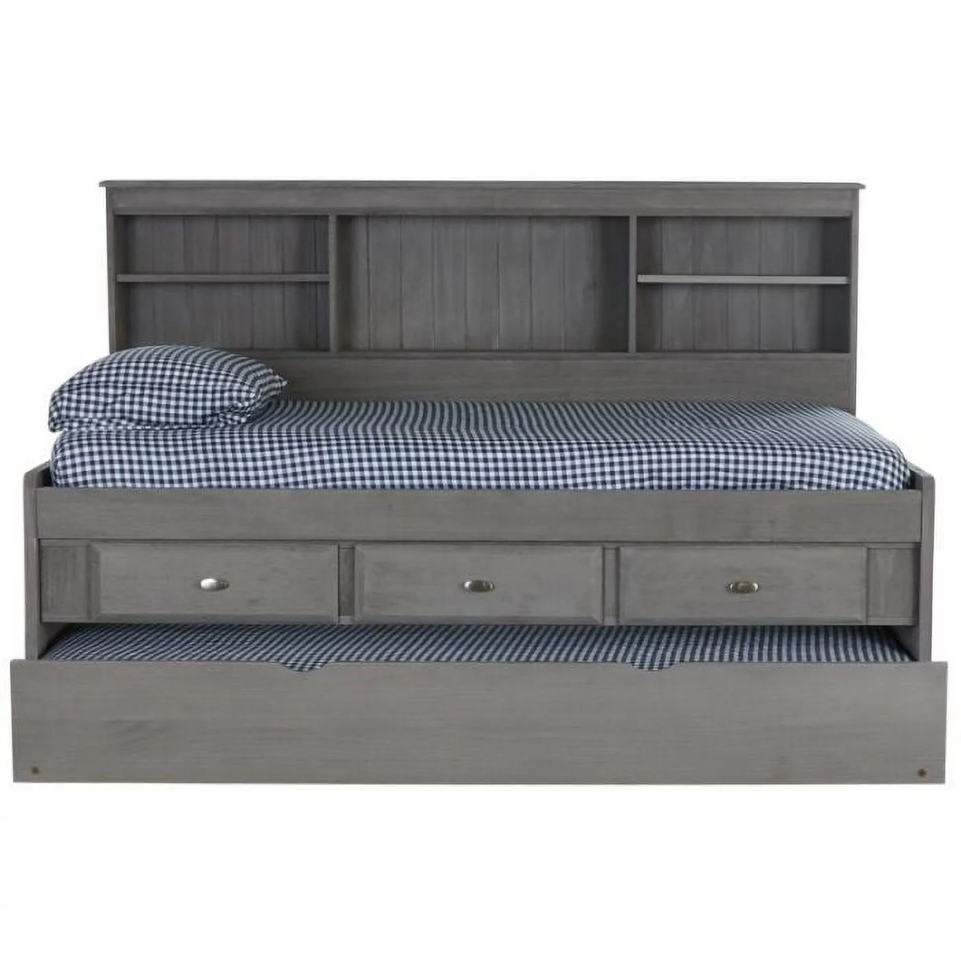 Discovery World Furniture - Twin Size Bed Frame with Headboard Bookcase Captain Day Bed with 3 Drawers & Twin Trundle, Twin Size Bed with Storage & Trundle, Charcoal