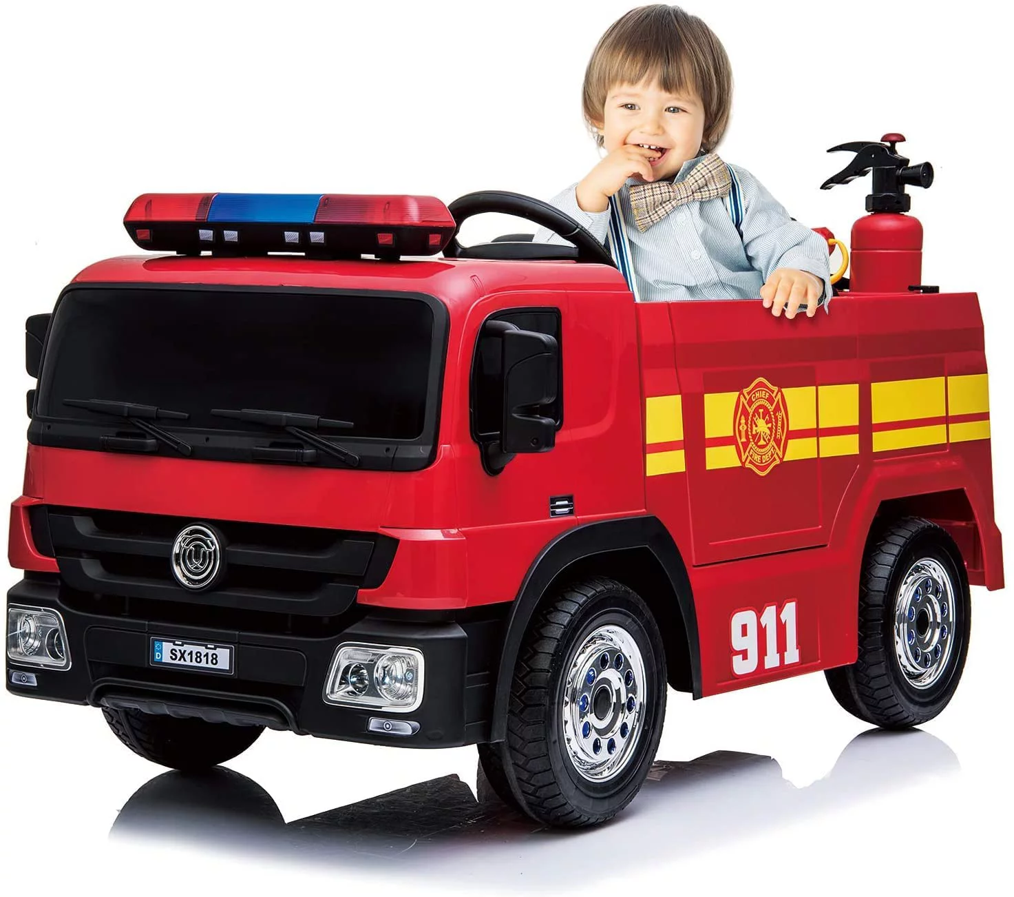 LAZY BUDDY Kids 12V Ride On Fire Truck Battery Powered Ride-Ons Toy Car with Remote Control, Siren for Boys Girls 3-6 Years