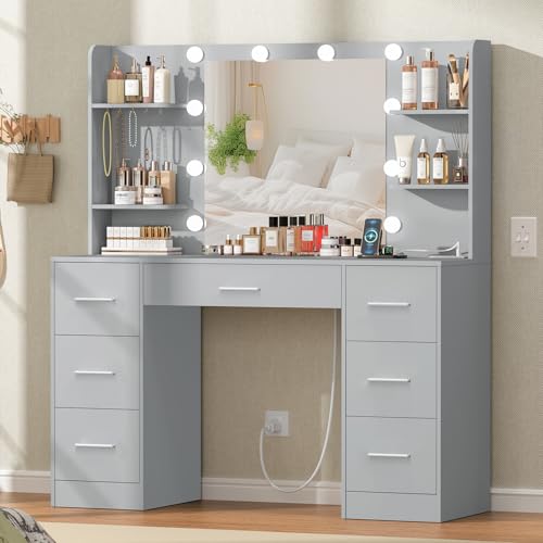 Quimoo Large Vanity Desk with LED Lighted Mirror & Power Outlet,Makeup Vanity Table with 7 Drawers,4 Shelves and 5 Hooks,Vanity Table, Vanity Desk Set for Bedroom,Bathroom,White