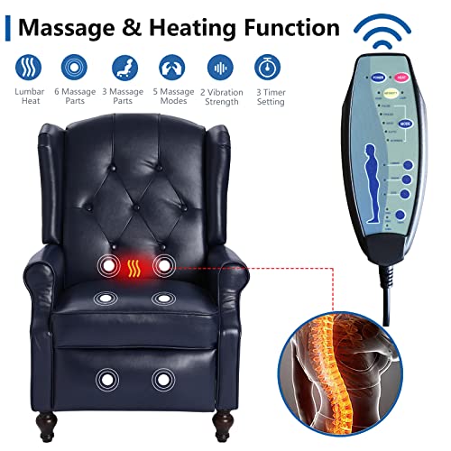 Wingback Recliner Chair with Massage and Heat, Tufted Fabric Pushback Recliner Chair, Wingback Chair with Remote Control, Padded Cushion, Wooden Legs, Small Recliners for Small Spaces