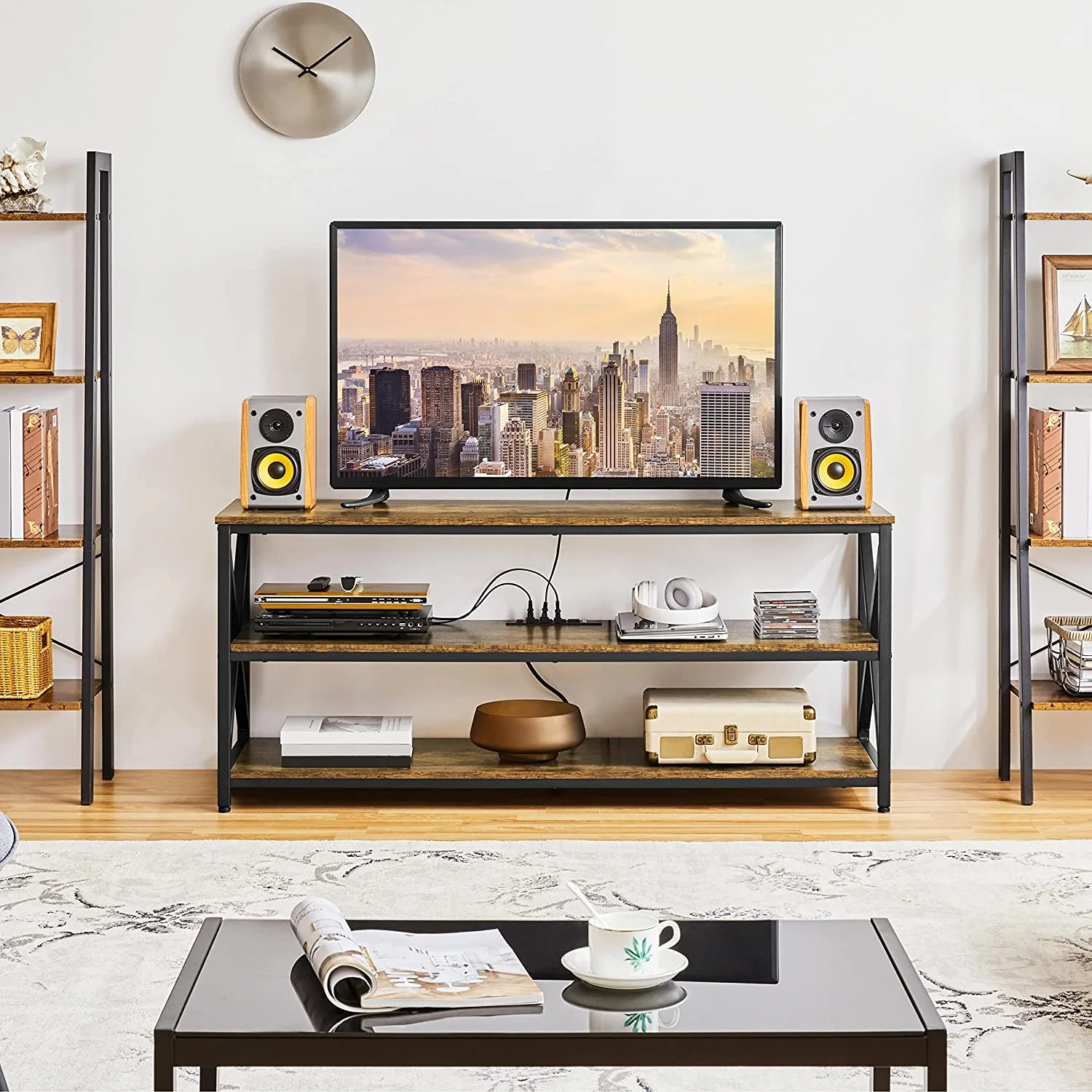 TV Stand for TV up to 65 inch, Industrial TV Cabinet with Power Outlets for Living Room, Media Entertainment Center TV Console with 3 Tier Storage Shelves & Charging Station, Rustic Brown