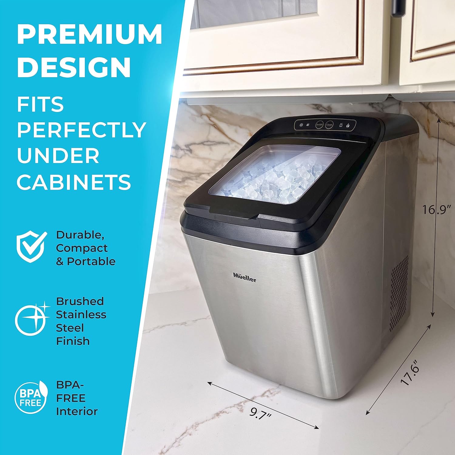 Mueller Countertop Nugget Ice Maker – Quiet, Heavy-Duty Ice Machine, 30 lbs Daily, 3 QT Tank, Compact & Portable, Includes Basket - Self-Cleaning Feature