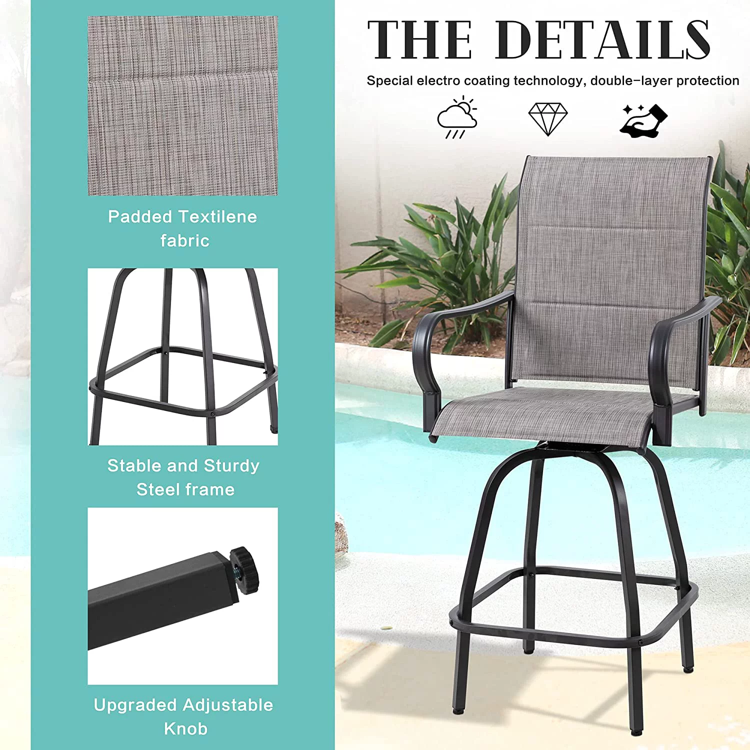 Sobaniilo 4 Pieces Outdoor Patio Swivel Bar Stools, All Weather Padded Sling Textilene High Top Bar Chairs, Bistro Set for Backyard, Lawn Garden, Balcony, Gray