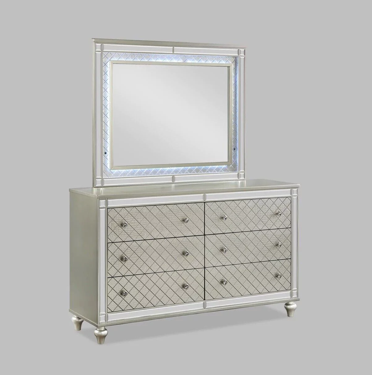 Modern Glam Style 4pc King Size Upholstery LED Bed Dresser Mirror Nightstand Wooden Master Bedroom Furniture Set