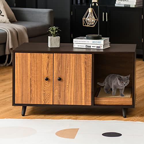 PETSITE Cat Litter Box Enclosure, Wooden Litter Box Cabinet with Divider, Scratching Pad & Metal Legs, Litterbox Enclosure Furniture with Double Doors, Hidden Litter Box, 35.5 x 20 x 20 inch