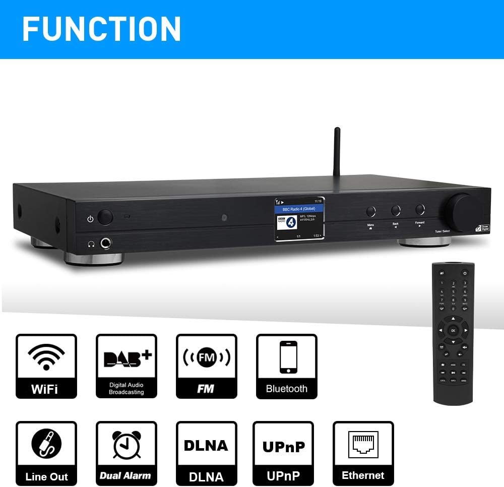 Ocean Digital WiFi Internet Component Radio Tuner (430 mm) WR10 FM/ Ethernet Bluetooth Receiver 2.4" Color Display with Digital Output to Connect Hi-Fi System -Black