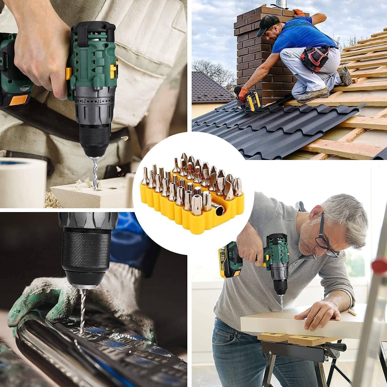 TECCPO Power Drill, Cordless Drill with Battery and Charger(2000mAh), 530 In-lbs, 24+1 Torque Setting, 0-1700RPM Variable Speed, 33pcs Accessories Drill Set, Drill with 1/2" Metal Keyless Chuck