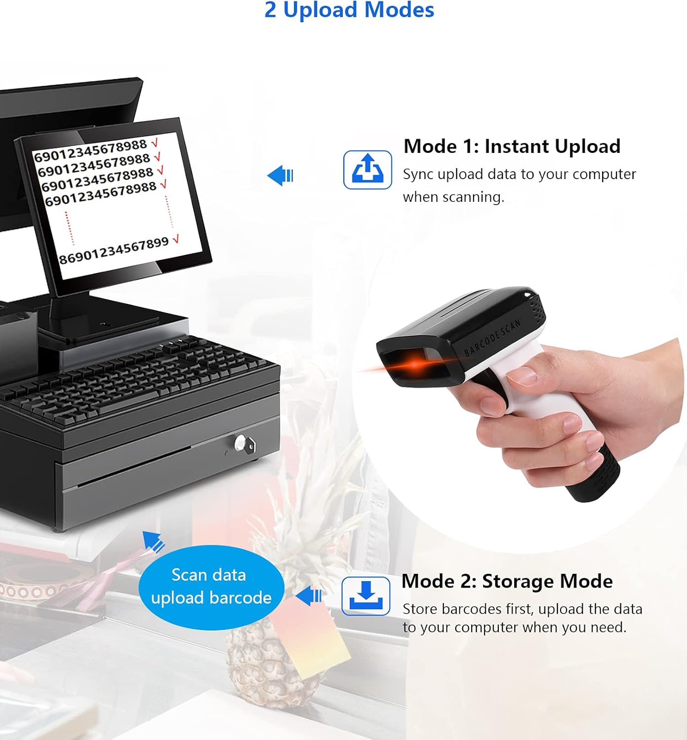 CHITENG Barcode Scanner Wireless, 1D/2D QR Code Scanner for PC, Handheld Bar Code Scanner with Vibration Alert, Plug & Play, USB Scanner Barcode for Warehouse, Supermarket, Store - White