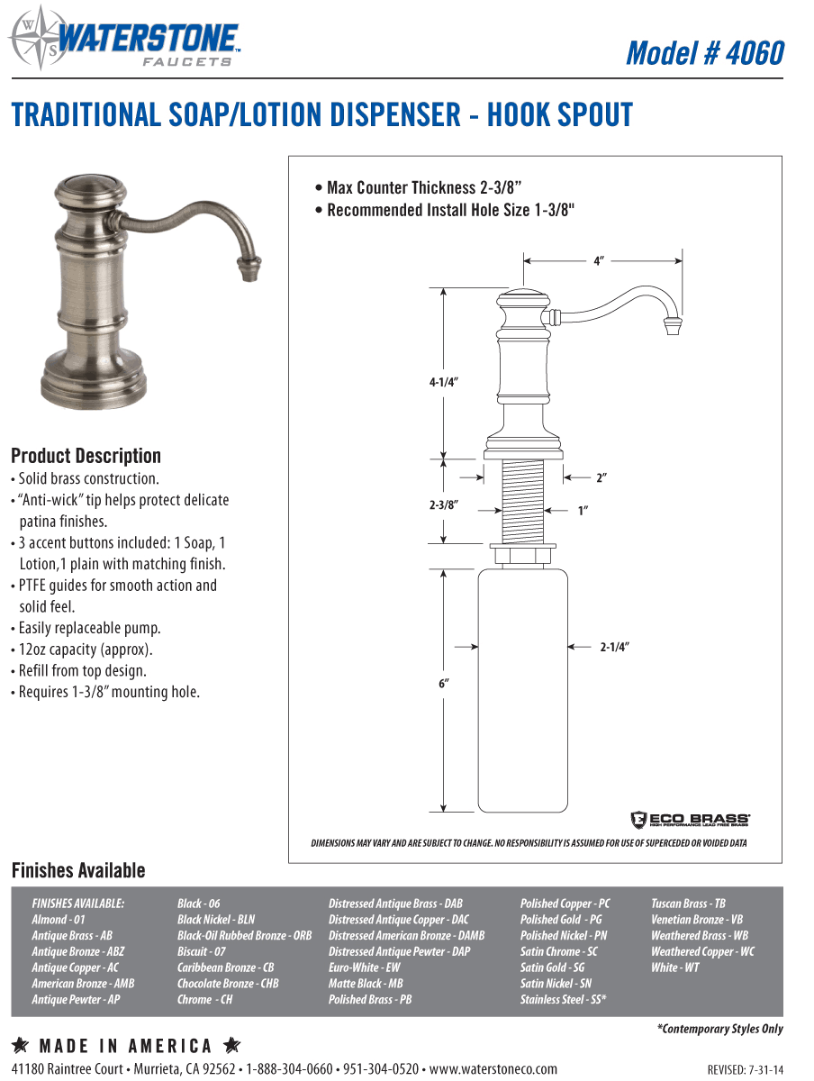 Waterstone 4060-SB Traditional Soap Lotion Dispenser Hook Spout Satin Brass