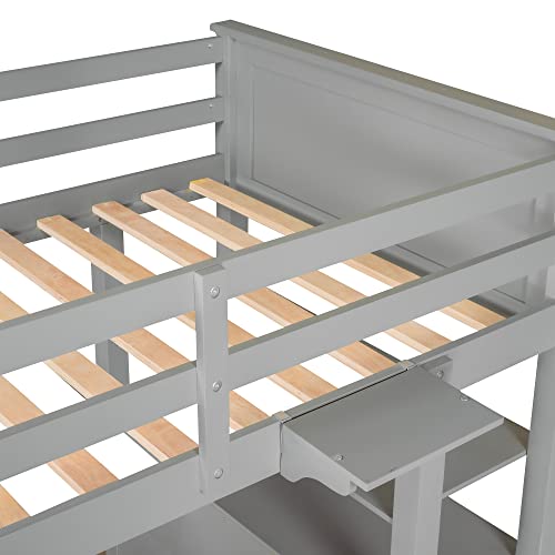 Merax Loft Bed Twin Size with Desk, Wood Frame with Shelves & Drawers, Inclined Ladder Design, White