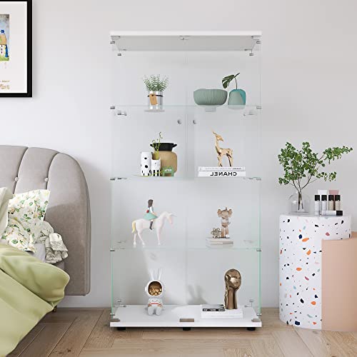 Glass Display Cabinet with Door, Floor Standing Curio Bookshelf for Living Room Bedroom Office (BLACK, 4 Shelf Double Door)