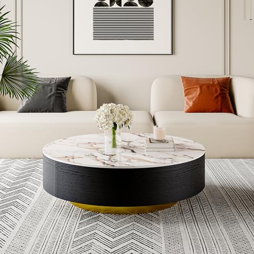 POVISON Modern Round Coffee Table with Storage, Sintered Stone Top Drum Coffee Table with Drawers, Oak Veneer, Circle Coffee Tables for Living Room, 35.43", Fully Assembled