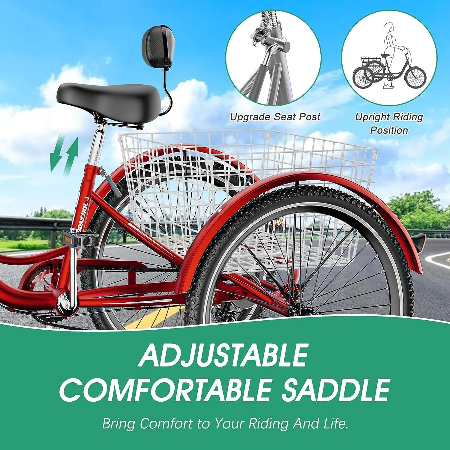 FICISOG 26 Adult Tricycle, 3 Wheel 7 Speed Bikes,450lbs Capacity Cruise Trike with Shopping Basket