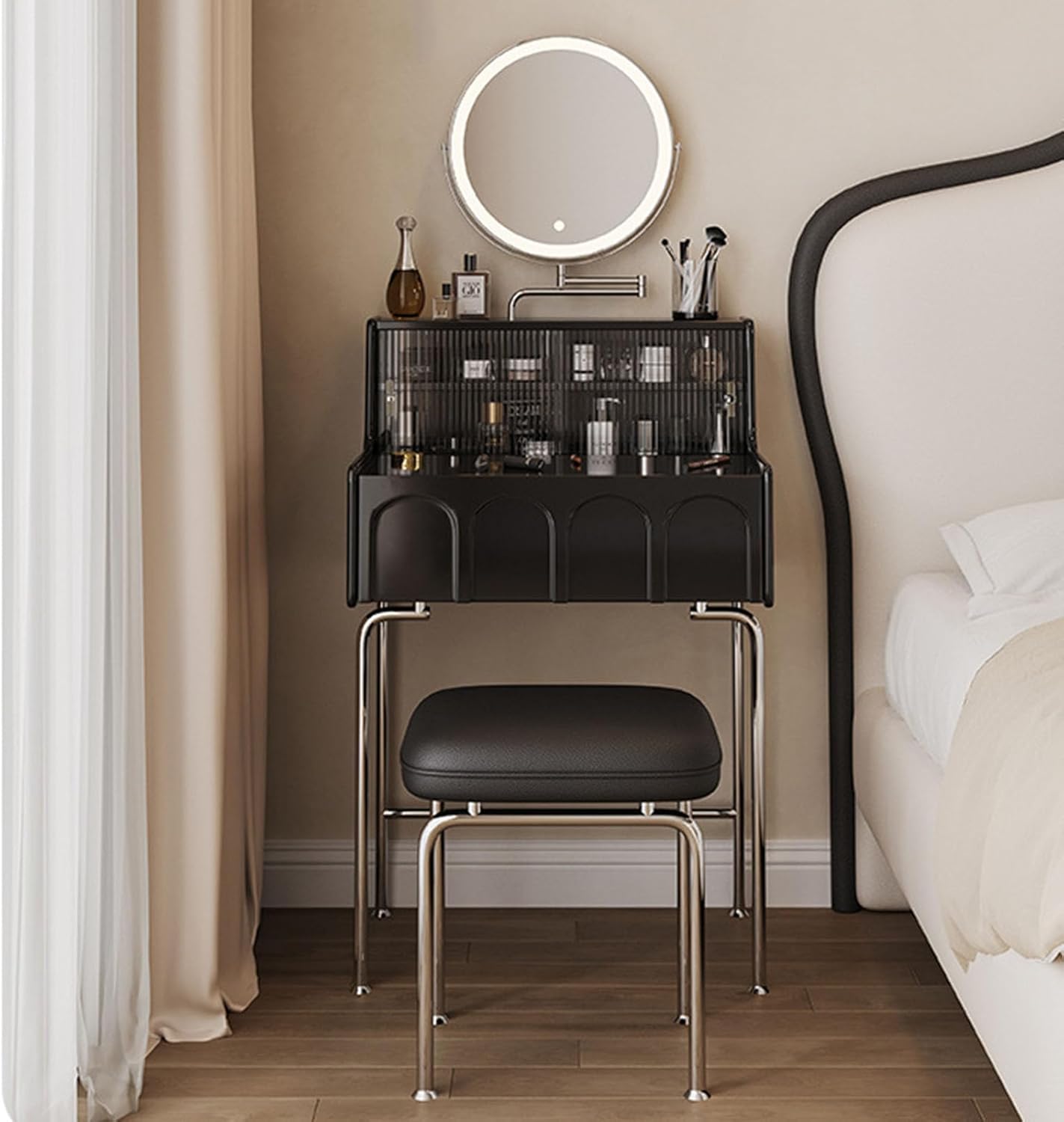 Small Vanity Desk Set with 3 Adjustable Lighted Mirror and Storage Shelf Black Tiny Vanity Table with Drawer for Bedroom Vanity Compact Dressing Table for Small Space