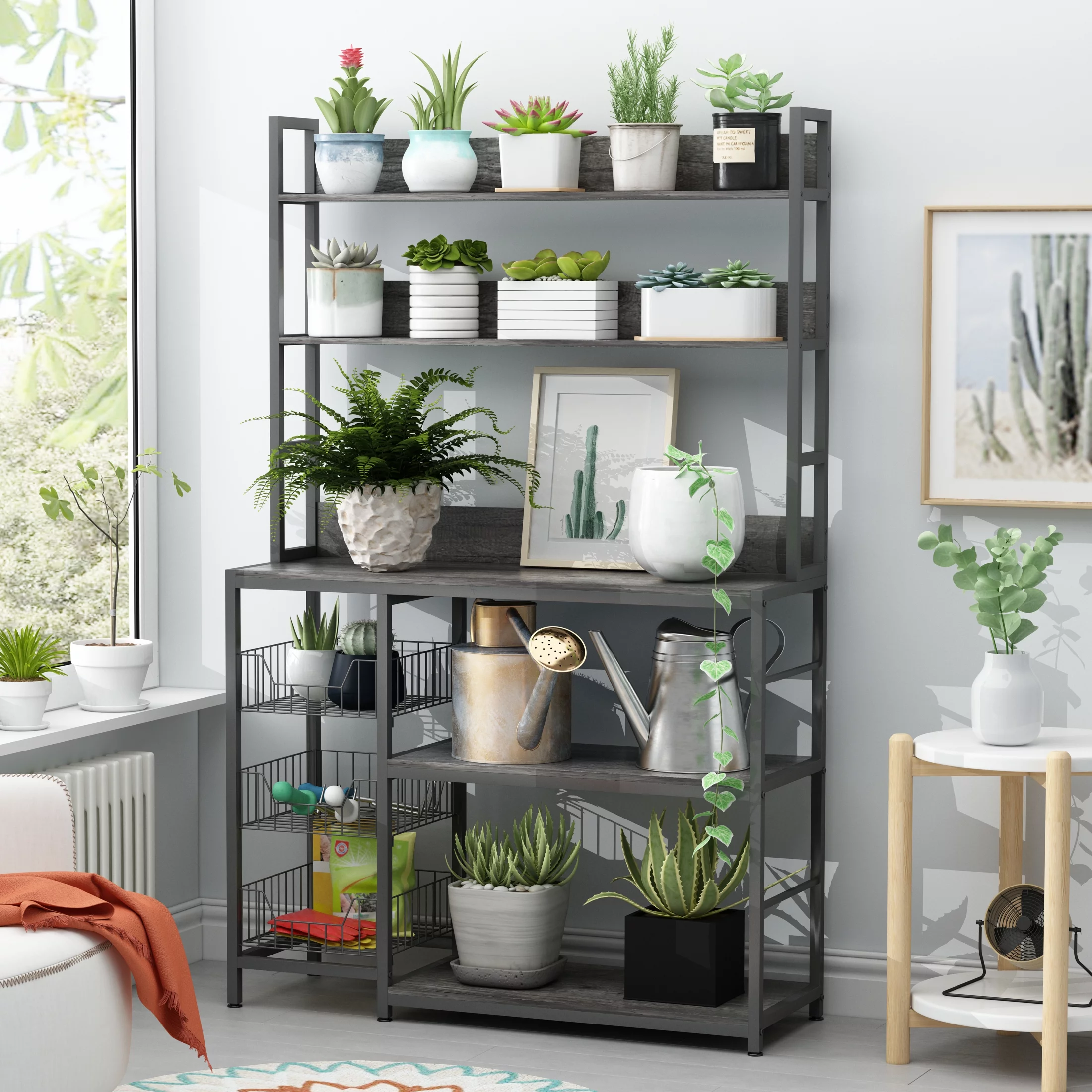 NAIYUFA Kitchen Bakers Rack with Baskets,5-Tier Utility Storage Wood Shelf with Hooks, Microwave Oven Stand Rack,Vintage Grey