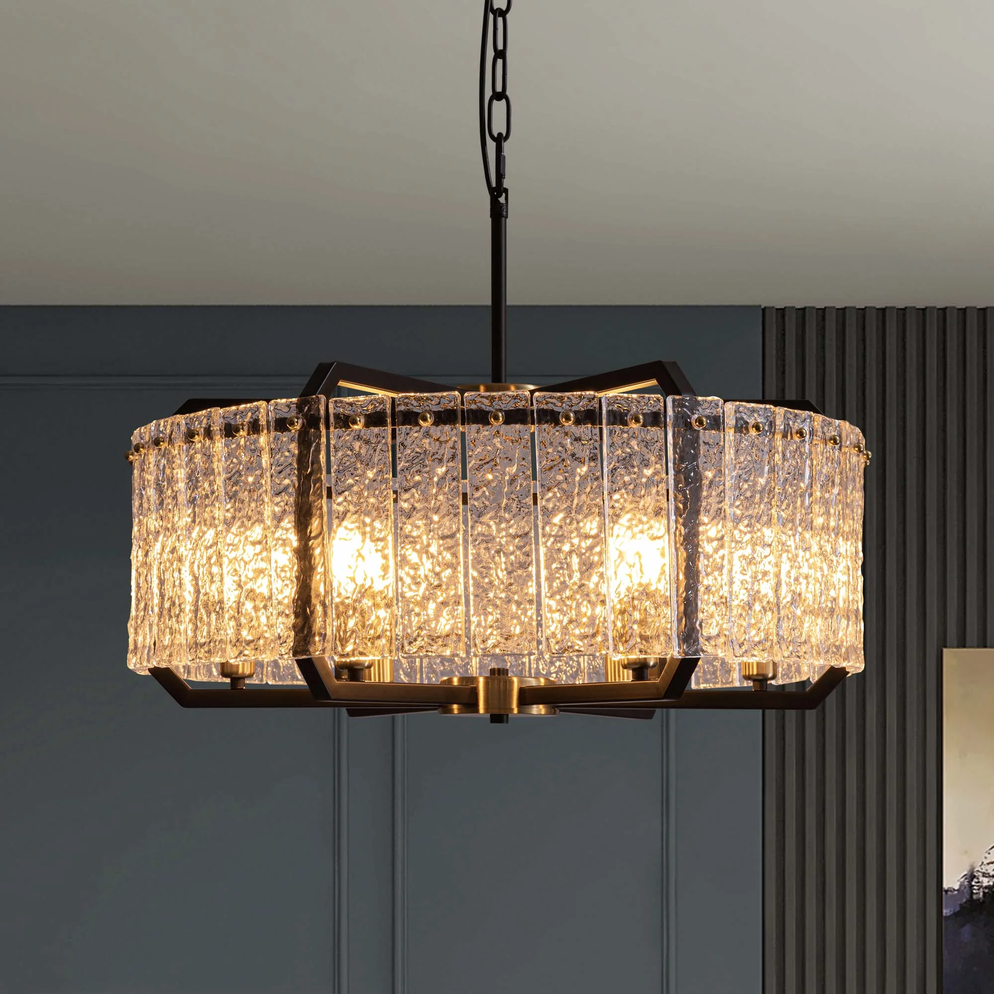 HOOMEDELIER Modern Crystal Chandeliers Lighting for Dining Room,  6-Light Luxury Water Ripple Glass Black Ceiling Light Fixture, Round Drum Chandelier for Kitchen Island, Entryway, Farmhouse 25"D*11"H