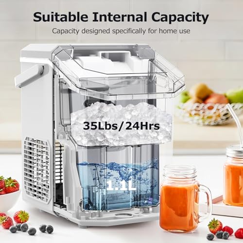 ZAFRO Nugget Ice Maker Countertop with Handle, Pellet Ice Machine with Self-Cleaning, 35Lbs/24Hrs, Chewable Ice Cubes, Nugget Ice Maker with Ice Basket/Ice Scoop for Home/Office/Bar/Party
