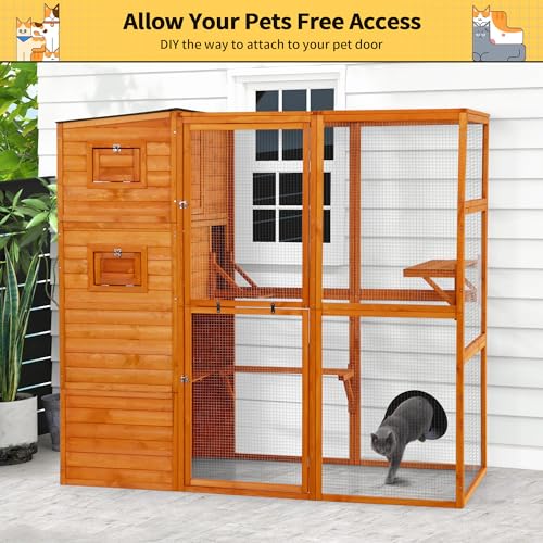 COZIWOW Large Wood Cat Catio, Outdoor Enclosure with Weatherproof Roof, 2 Resting Rooms, 2 Platforms, 4-Tier Cat Playpen, Orange