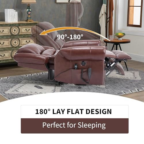 Dual Motor Power Lift Chair, Lay Flat Recliner Chair, Electric Recliner with Massage and Heat for Elderly, Remote Control, Infinite Position, Standing Assistance, USB Ports, Faux Leather, Brown