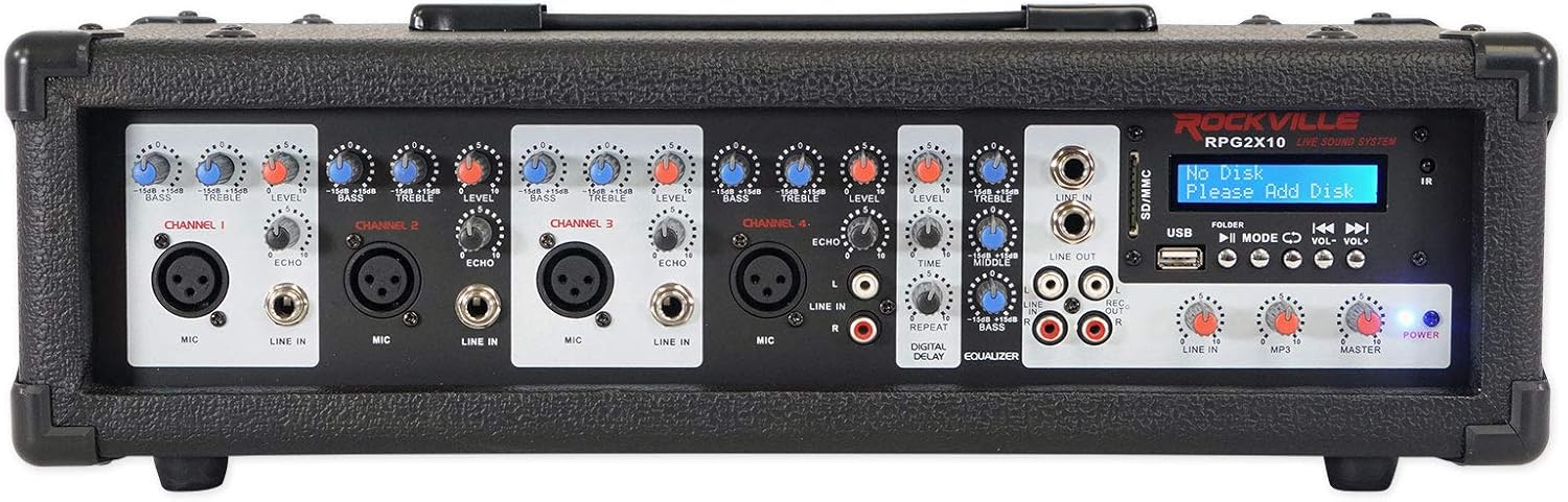 Rockville Package PA System Mixer/Amp+10" Speakers+Stands+Mics+Bluetooth, (RPG2X10)