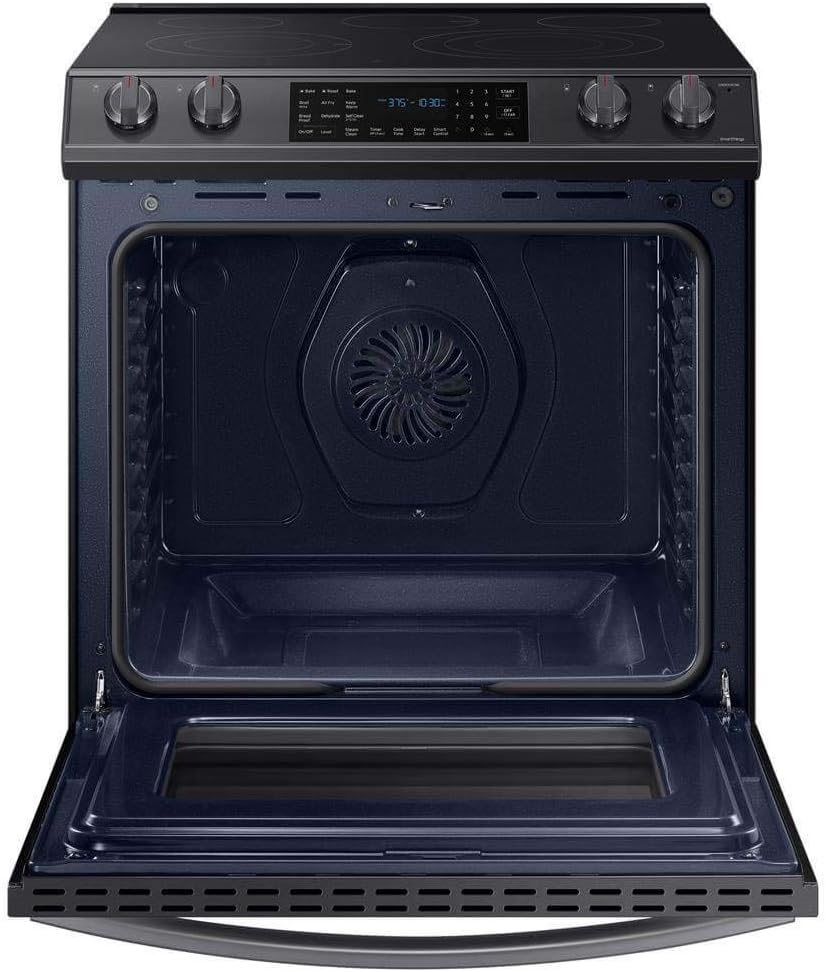 SAMSUNG 6.3 Cu Ft Smart Front Control Slide-In Electric Range Kitchen Stove w/ Air Fry, Convention+, Wi-Fi, Large Oven Capacity, NE63T8511SG/AA, Fingerprint Resistant Stainless Steel, Black
