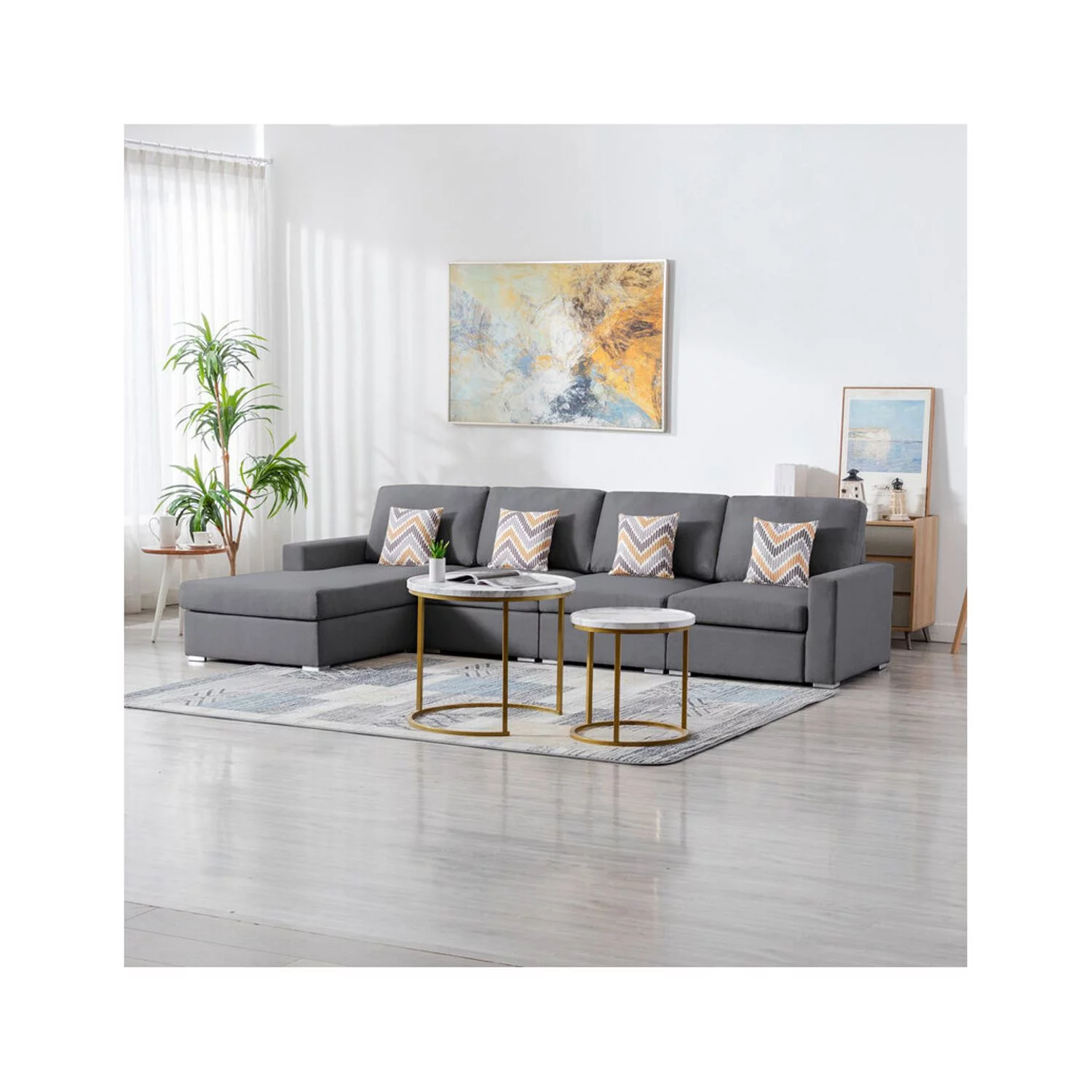 Homestock Renaissance Revival Gray Linen Fabric 4Pc Reversible Sectional Sofa Chaise with Pillows and Interchangeable Legs