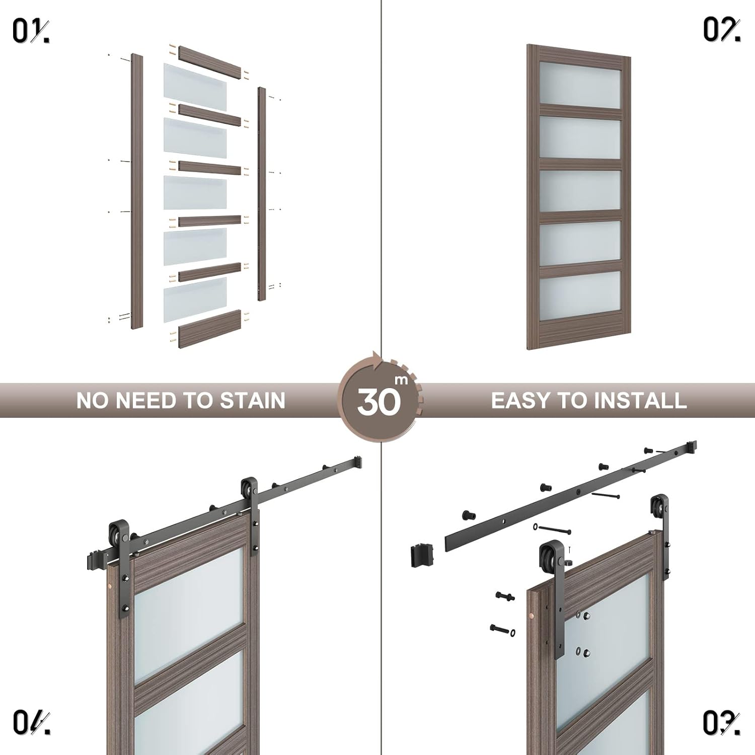 30 x 84 Inch Glass Sliding Barn Door Slab and 5.5ft Hardware Kit Included, MDF Wood Panel Covered with Water-Proof Scratch-Resistant PVC Surface, Easy to Clean, Simple DIY Assembly